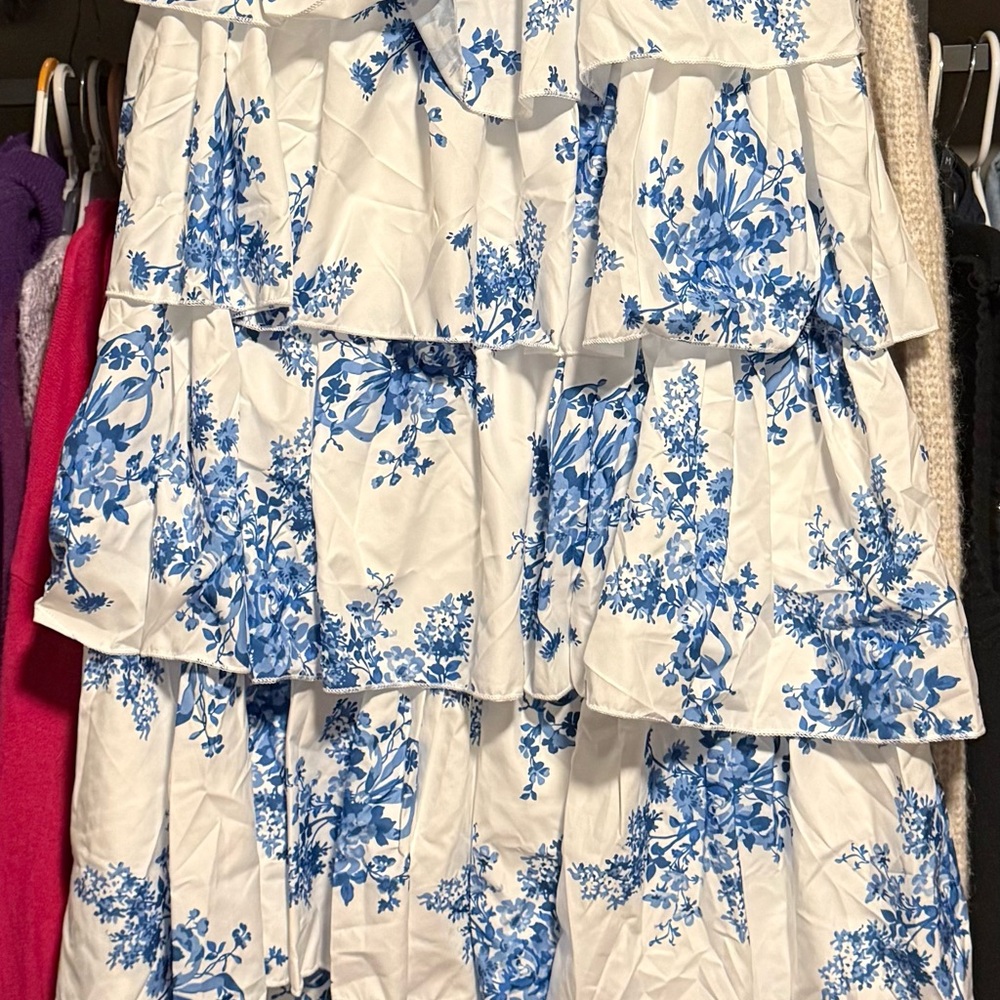 Elegant Strapless Blue Floral Dress